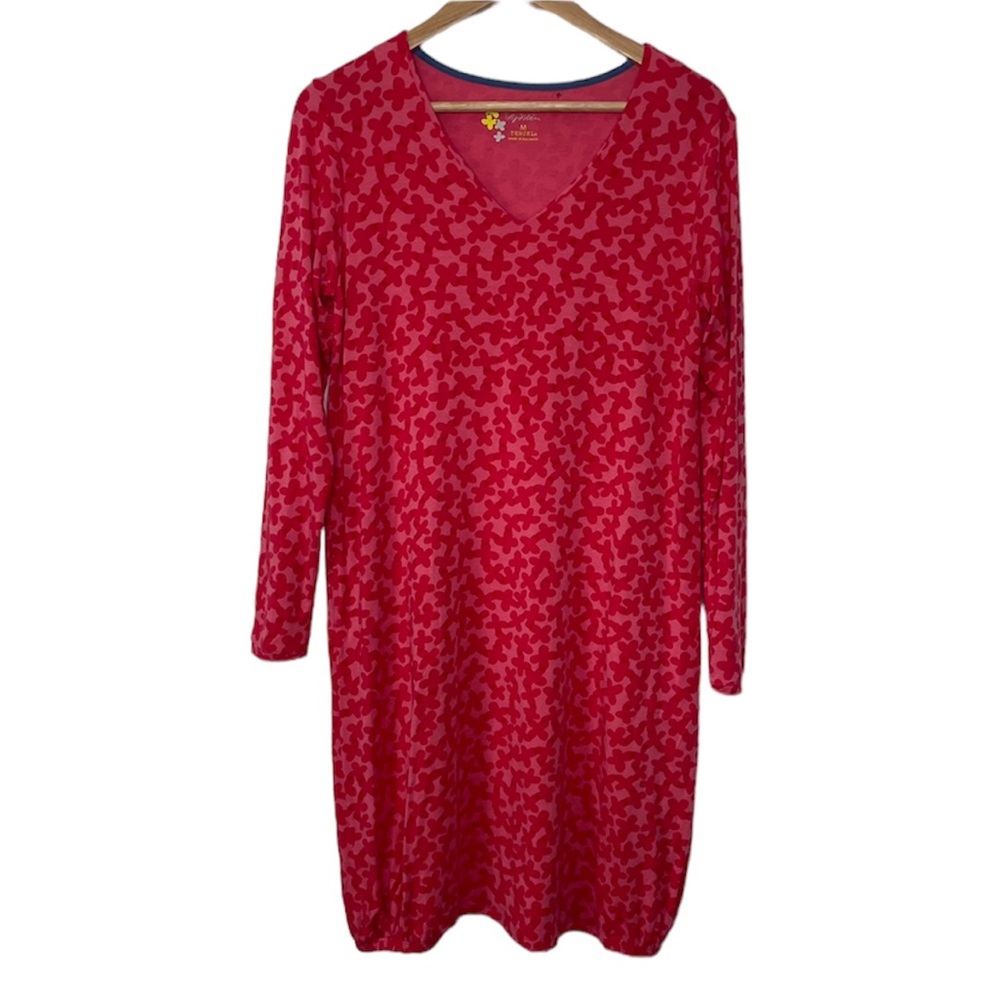 Gudrun Sjoden Pink Floral VNeck Tencel Elastic Bubble Hem Long Sleeve Midi Dress